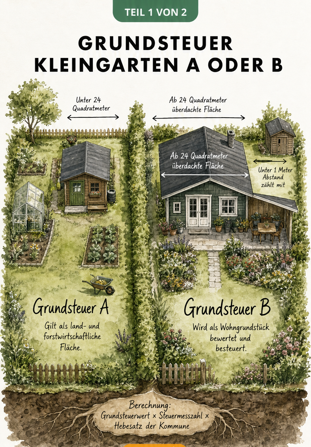 Illustration zweier Kleingartenparzellen mit Erklärung zur Grundsteuer A und B anhand der Lauben-Größe