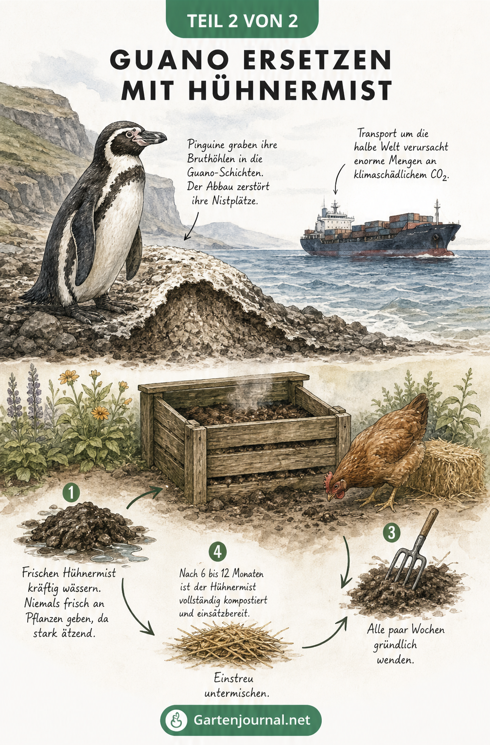 Zweigeteilte Illustration: Oben Pinguine an einem Guano-Hügel und ein Frachtschiff, unten ein Komposter mit Hühnermist als heimische Alternative.