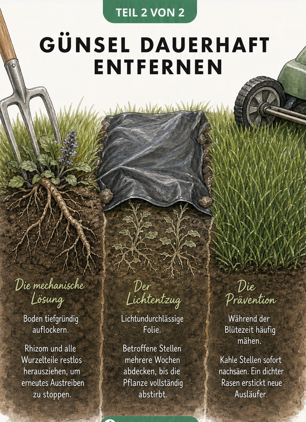 Illustration zur Bekämpfung von Günsel im Rasen durch Ausgraben, Lichtentzug und dichten Rasen