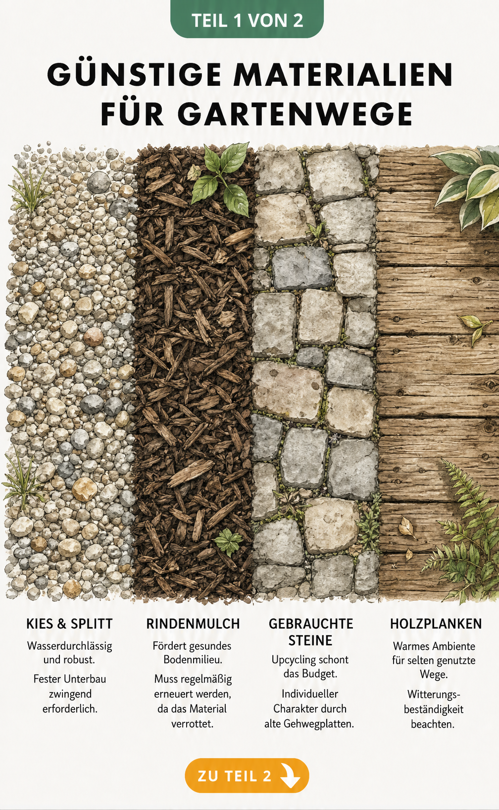 Illustration von vier günstigen Materialien für Gartenwege: Kies, Rindenmulch, gebrauchte Steine und Holzplanken