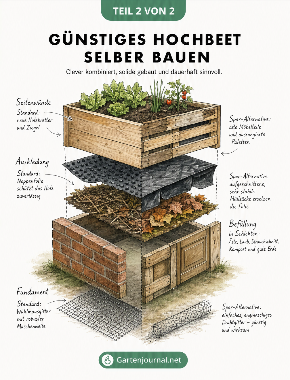 Explosionszeichnung eines Hochbeets mit günstigen Alternativen für Fundament, Wände und Folie