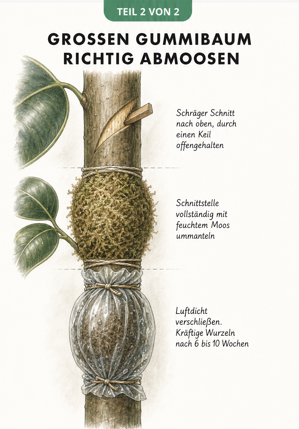 Botanische Zeichnung zum Abmoosen eines Gummibaums mit schrägem Schnitt, Moosballen und Folienumwicklung