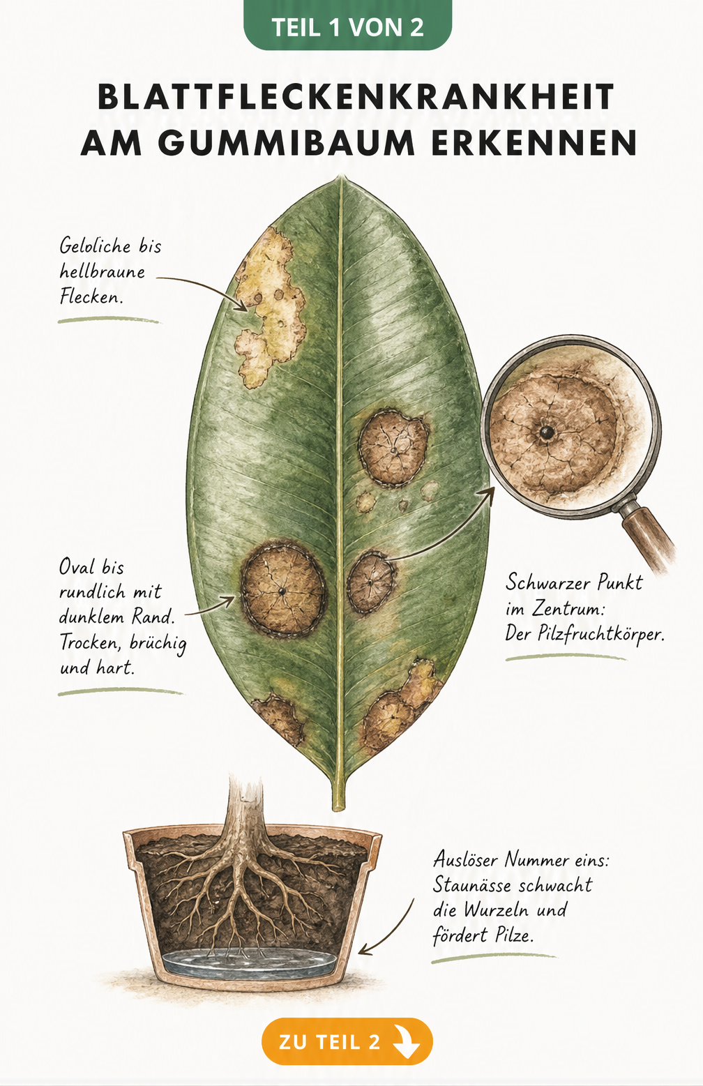 Illustration eines Gummibaum-Blattes mit typischen Symptomen der Blattfleckenkrankheit wie gelblichen und braunen Flecken sowie schwarzen Pilzfruchtkörpern.
