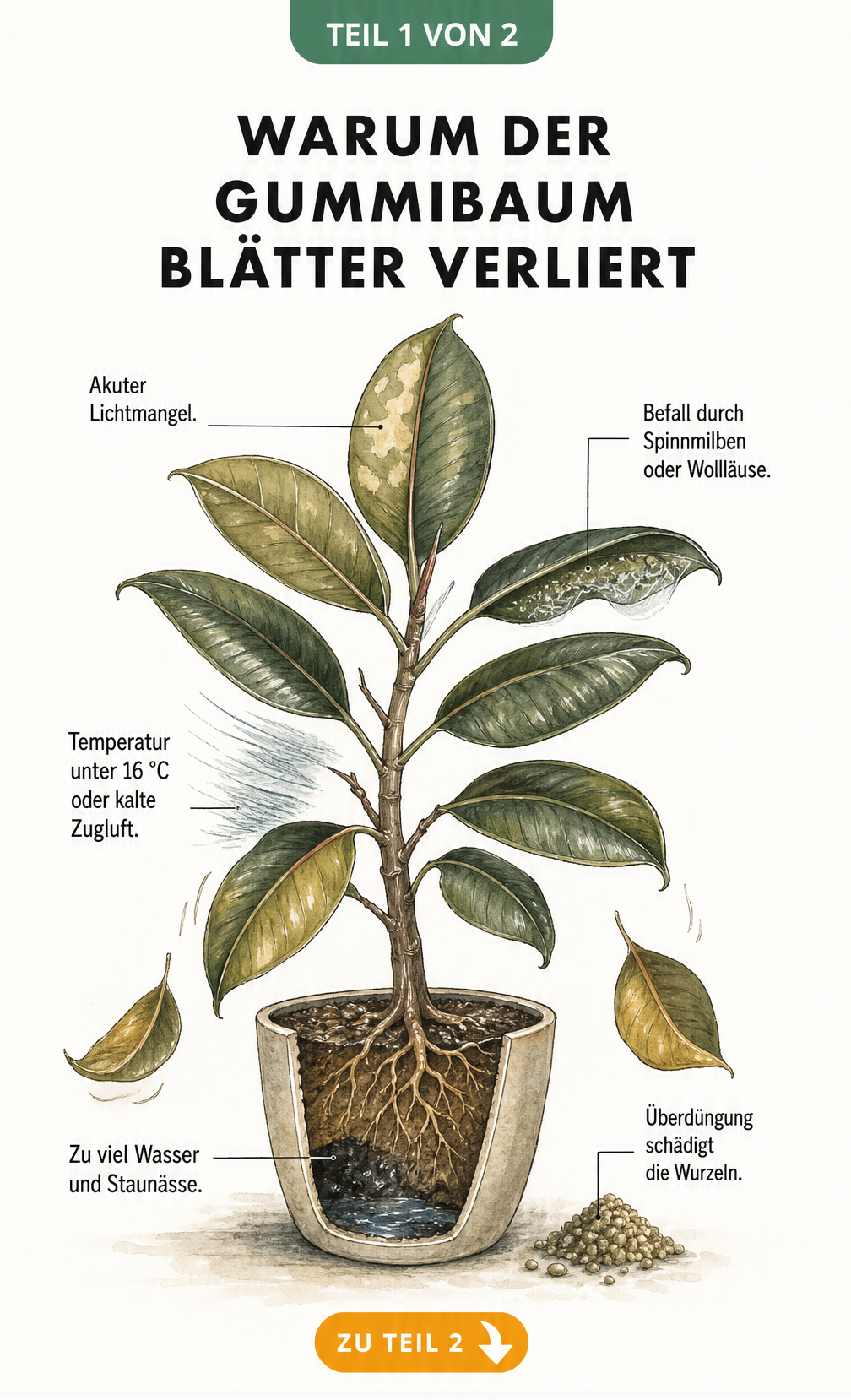 Botanische Illustration eines Gummibaums im Topf, die sechs Hauptursachen für Blattverlust wie Staunässe, Überdüngung, Kälte, Lichtmangel und Schädlinge zeigt.