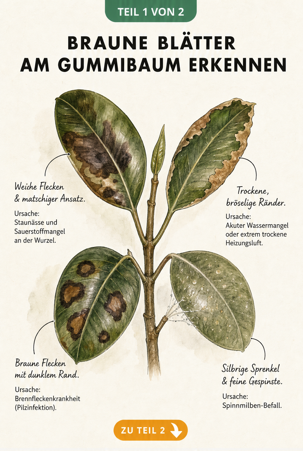 Botanische Illustration eines Gummibaum-Zweigs mit vier Blättern, die typische Schadbilder wie weiche Flecken, trockene Ränder, Brennflecken und...