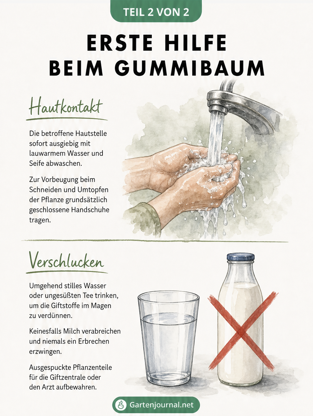 Illustration zur Ersten Hilfe beim Gummibaum: Hände unter fließendem Wasser bei Hautkontakt und ein Wasserglas bei Verschlucken, mit durchgestrichener...