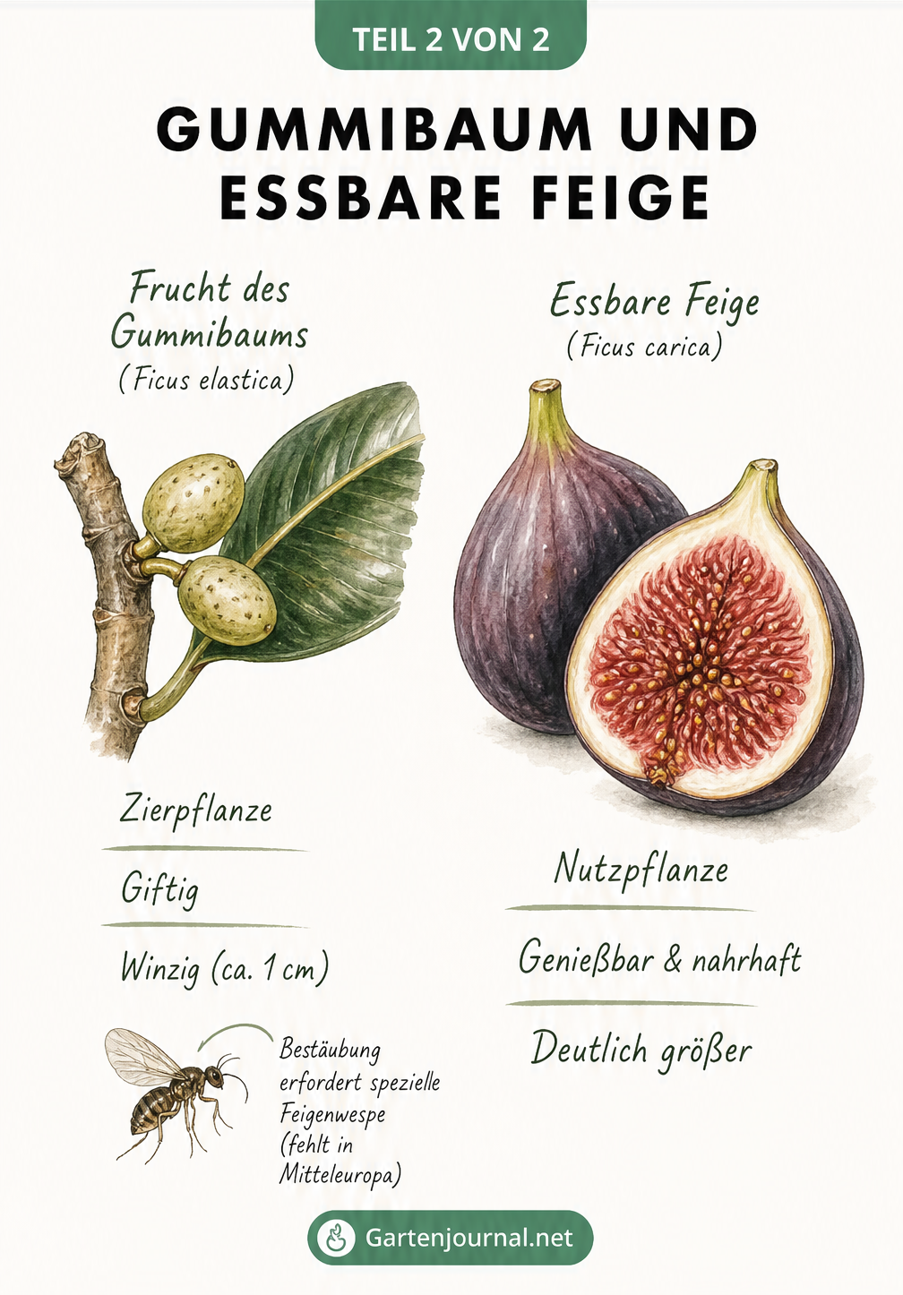Vergleichsgrafik zwischen der kleinen, giftigen Gummibaumfrucht und der großen, essbaren Feige.
