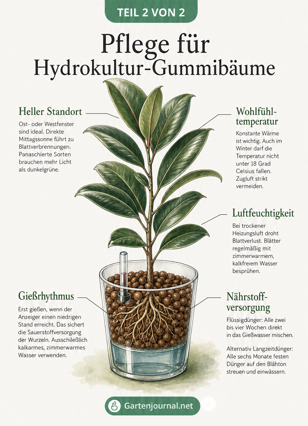 Illustration eines Gummibaums in Hydrokultur mit Pflegetipps zu Licht, Temperatur, Gießen und Düngen
