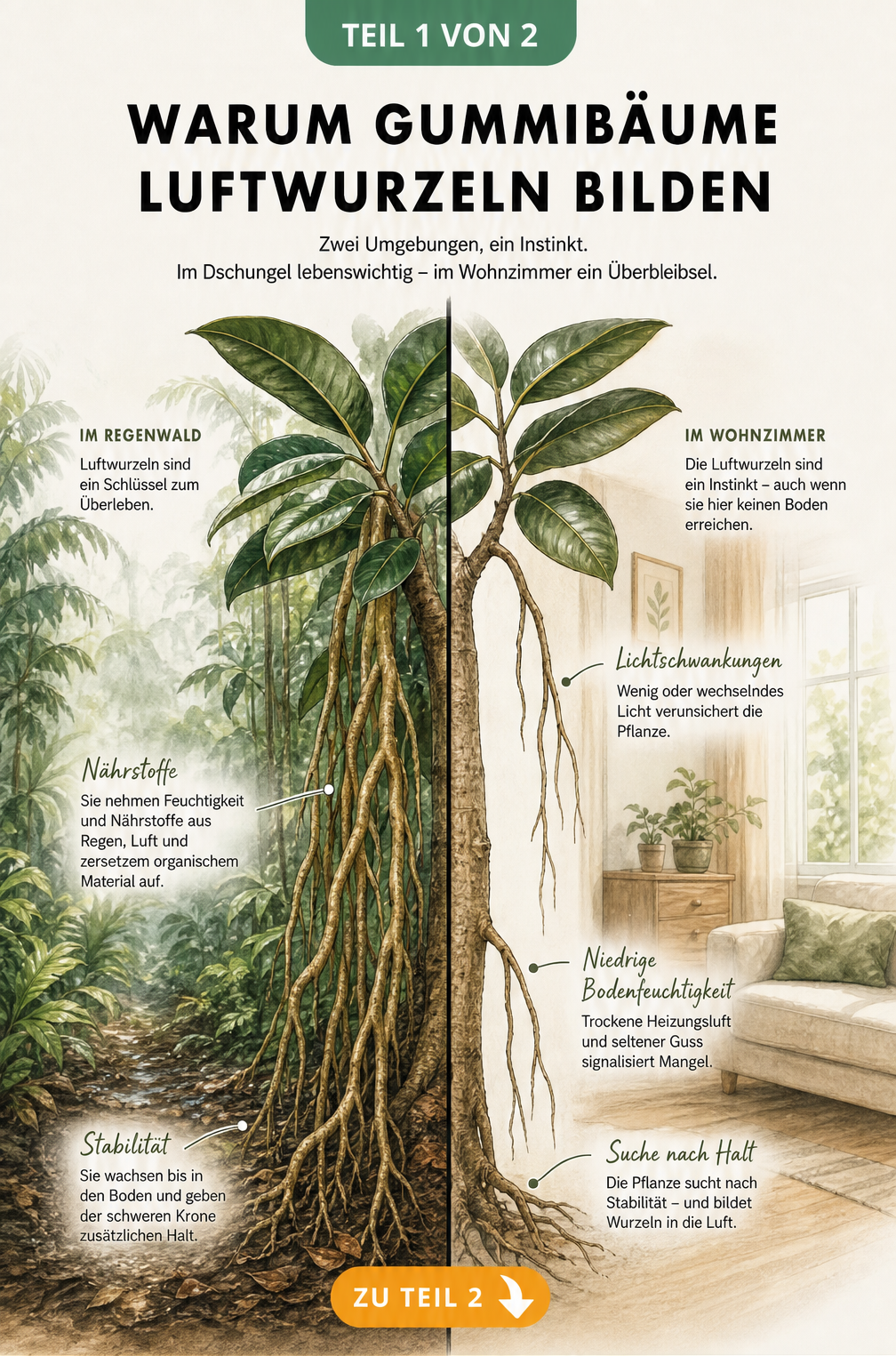 Botanische Illustration eines Gummibaums, die links Luftwurzeln im Regenwald und rechts im Wohnzimmer zeigt.