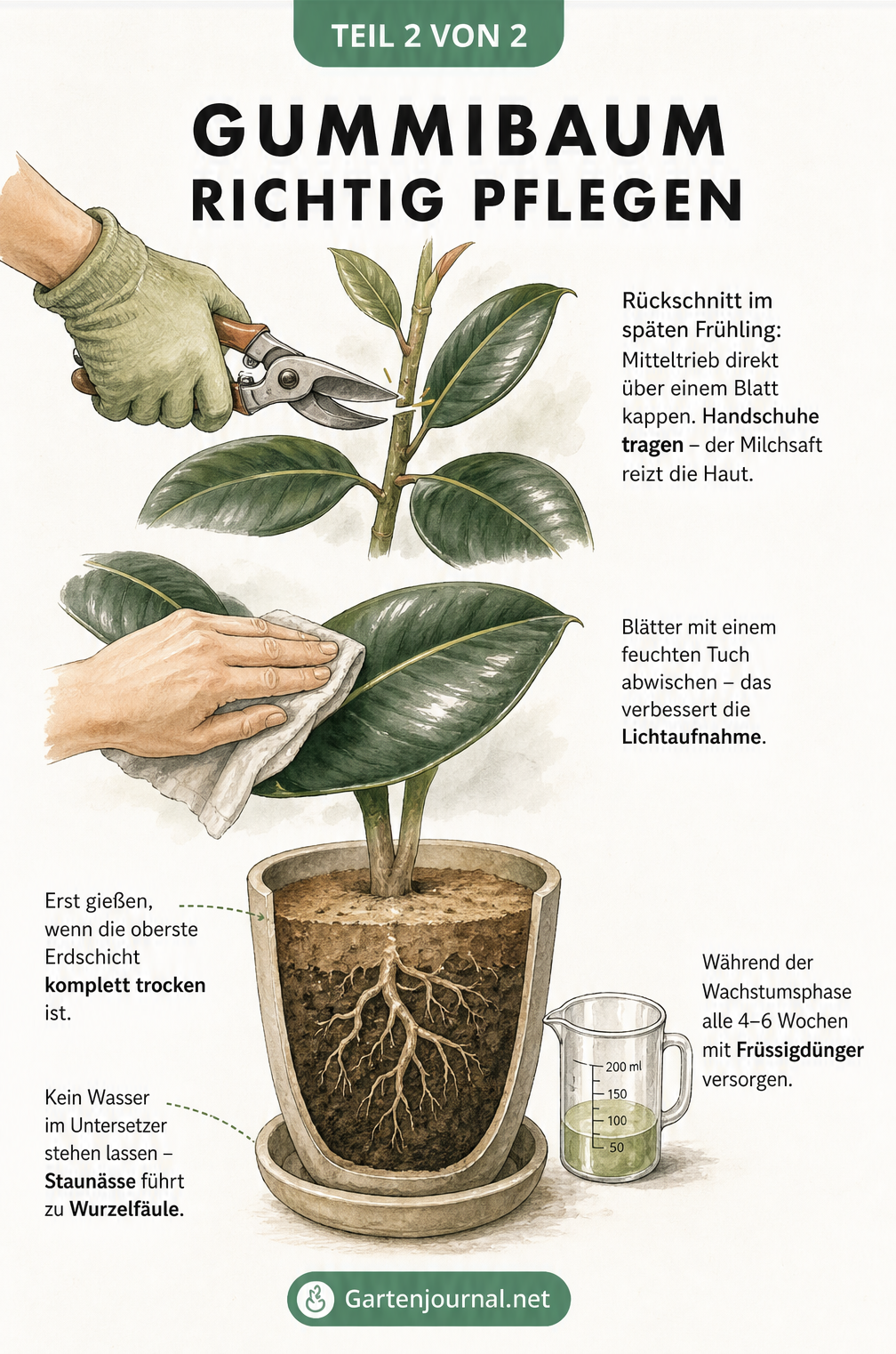 Botanische Illustration zur Pflege des Gummibaums, die das Schneiden mit Handschuhen, das Abstauben der Blätter und das richtige Gießen zeigt.