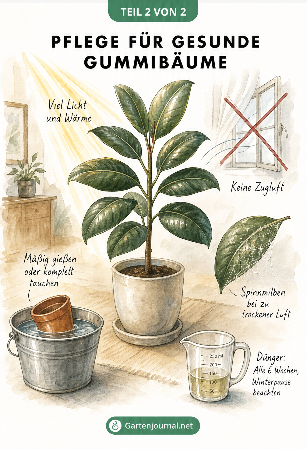 Illustration eines Gummibaums im Wohnraum mit Hinweisen zu Licht, Wärme, Gießen, Düngen und Vermeidung von Zugluft.