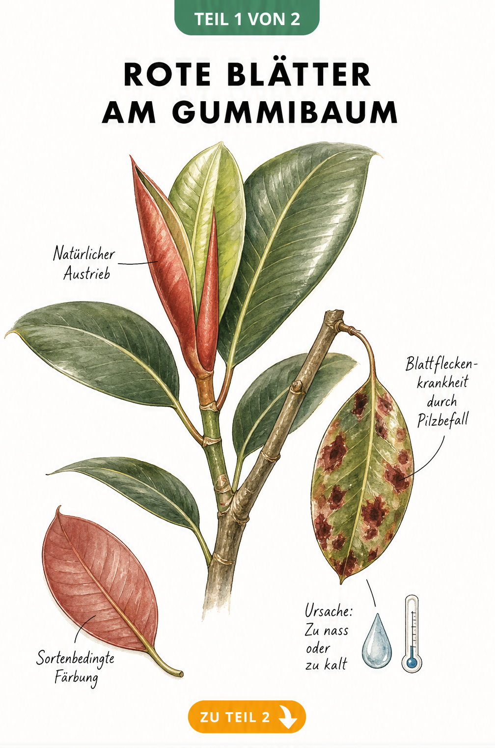 Botanische Illustration eines Gummibaum-Zweiges mit gesundem rotem Austrieb und einem kranken Blatt mit Blattfleckenkrankheit.