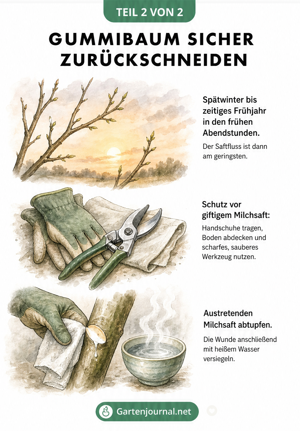 Illustration zum sicheren Rückschnitt eines Gummibaums mit Handschuhen und Wundversorgung