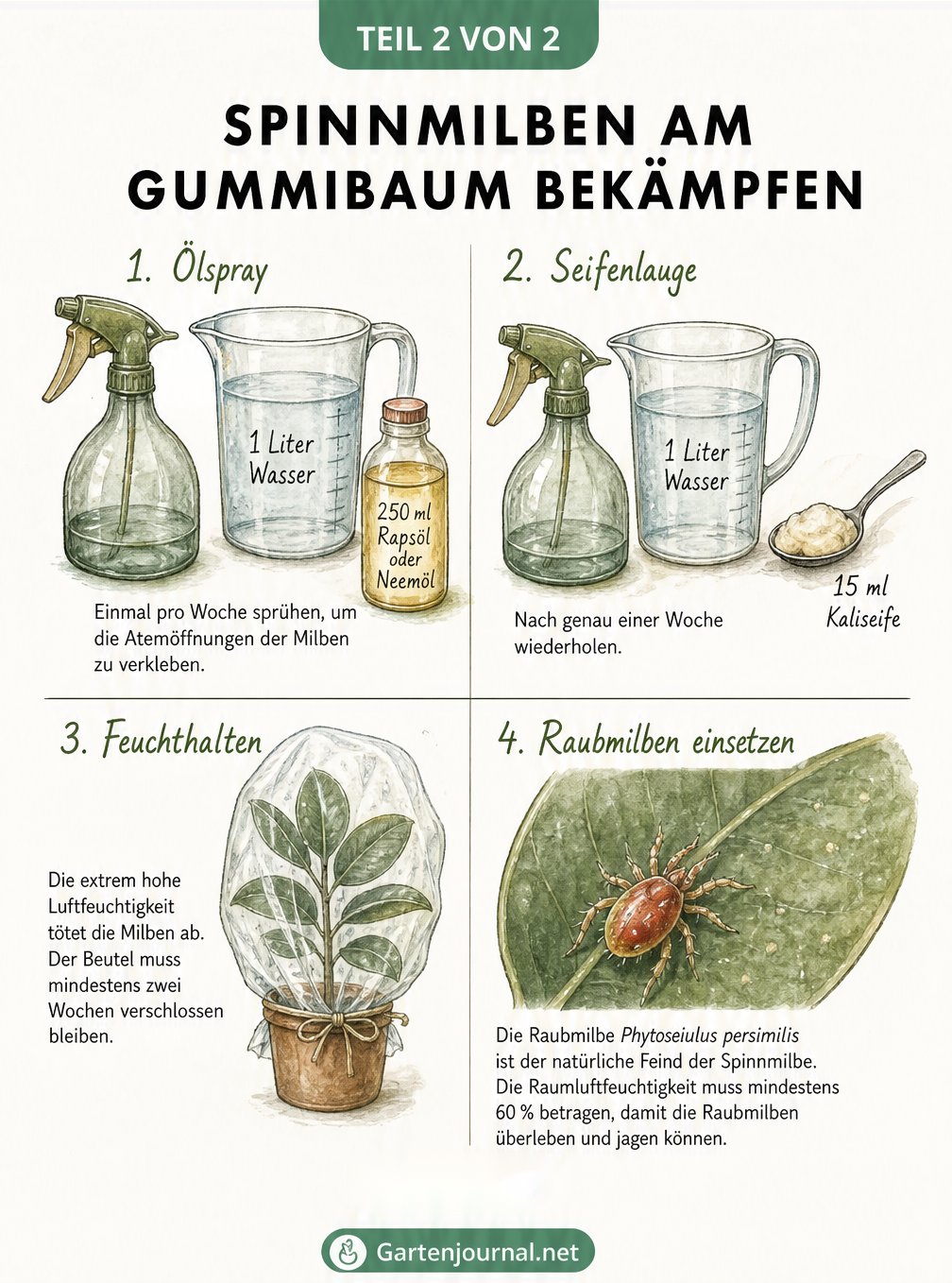 Illustration von vier Methoden zur Bekämpfung von Spinnmilben am Gummibaum: Öl-Wasser-Mischung, Seifenlauge, Plastiktüte für hohe Luftfeuchtigkeit und...
