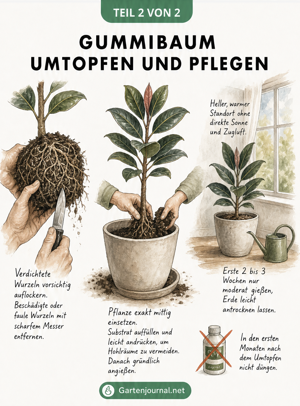 Illustration der Arbeitsschritte beim Umtopfen eines Gummibaums: Wurzeln auflockern, mittig einsetzen und am neuen Standort pflegen