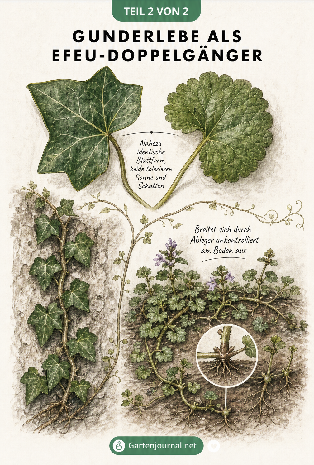 Botanische Darstellung von Efeu und Gundelrebe im Vergleich, mit Fokus auf Blattform und Wuchsverhalten
