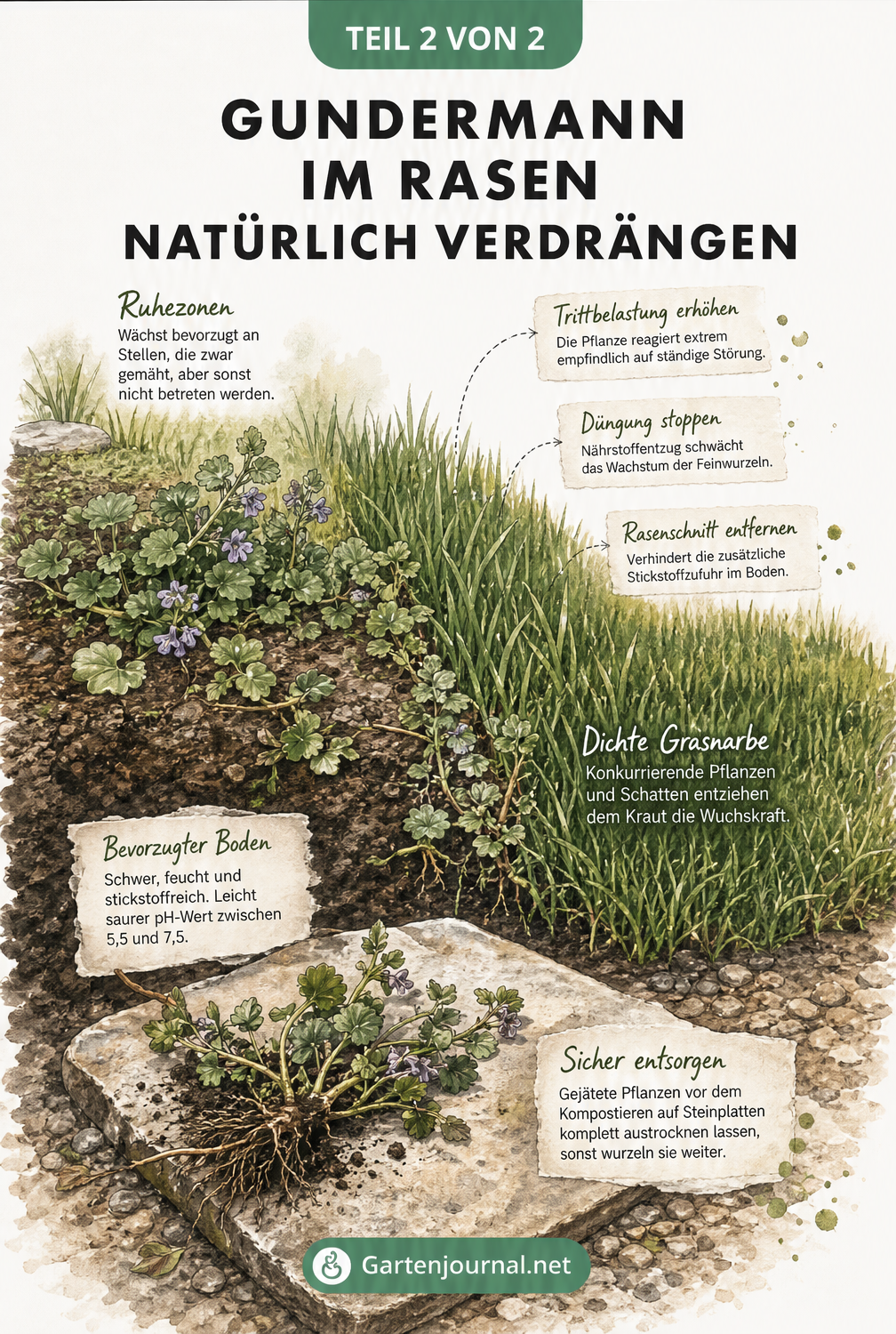 Illustration eines Gartenbodens, die zeigt, wie eine dichte Grasnarbe den Gundermann verdrängt und welche Bedingungen das Unkraut bevorzugt.