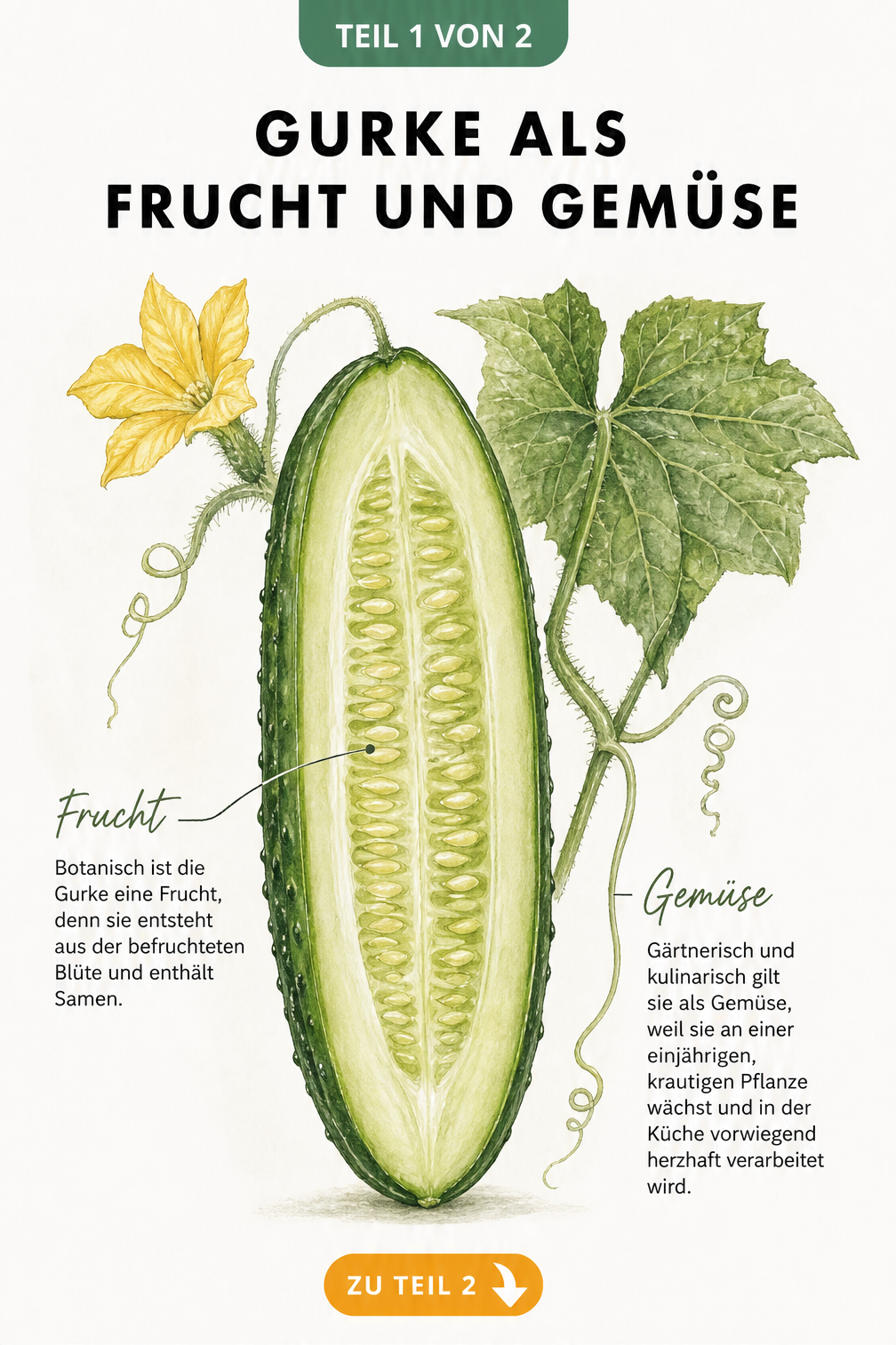 Botanische Illustration einer aufgeschnittenen Gurke mit Blüte und Samen