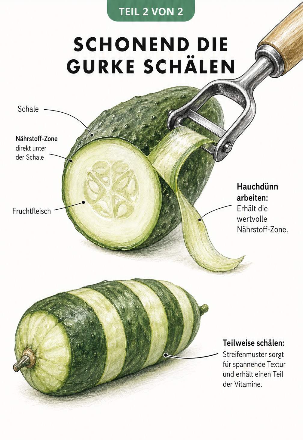 Skizze eines Sparschälers, der hauchdünn eine Gurke schält, mit Erklärung der Nährstoff-Zone unter der Schale.