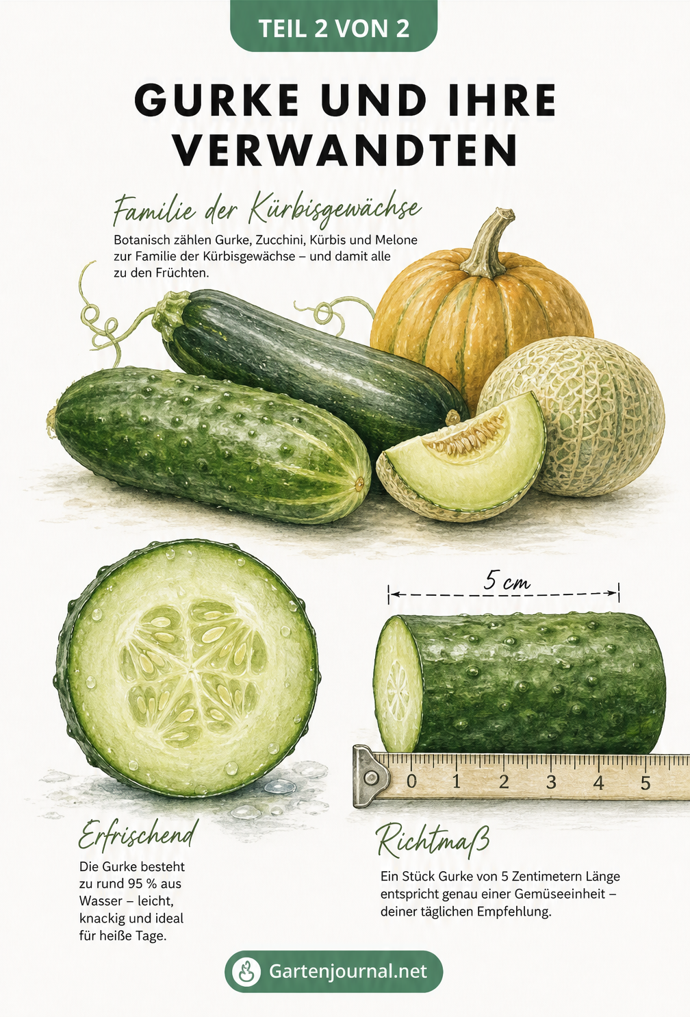 Illustration von Gurke, Zucchini, Kürbis und Melone mit Nährwertangaben