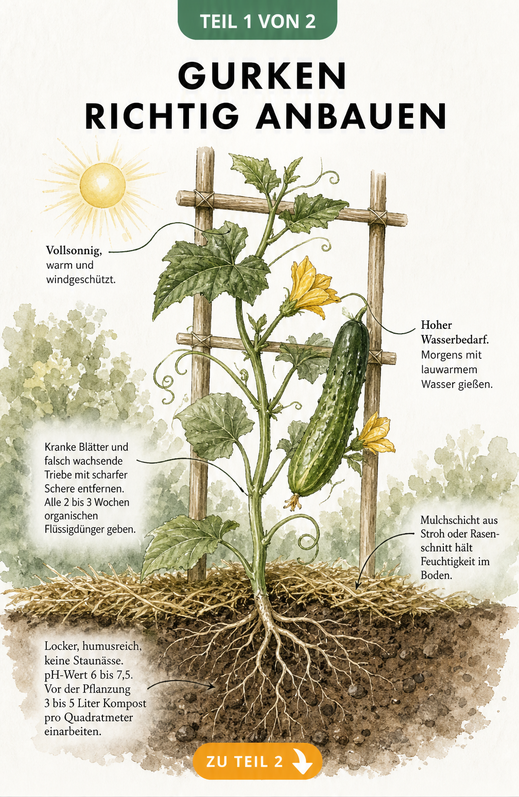 Botanische Illustration einer Gurkenpflanze am Spalier mit Hinweisen zu Standort, Pflege und Boden