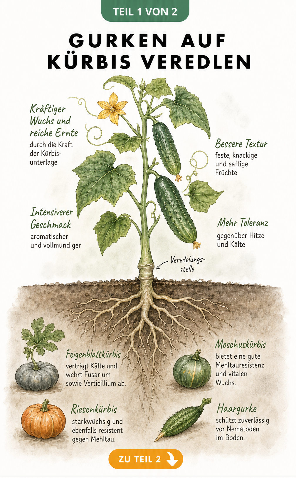 Illustration einer veredelten Gurkenpflanze auf Kürbisunterlage mit Wurzelquerschnitt und Resistenzen