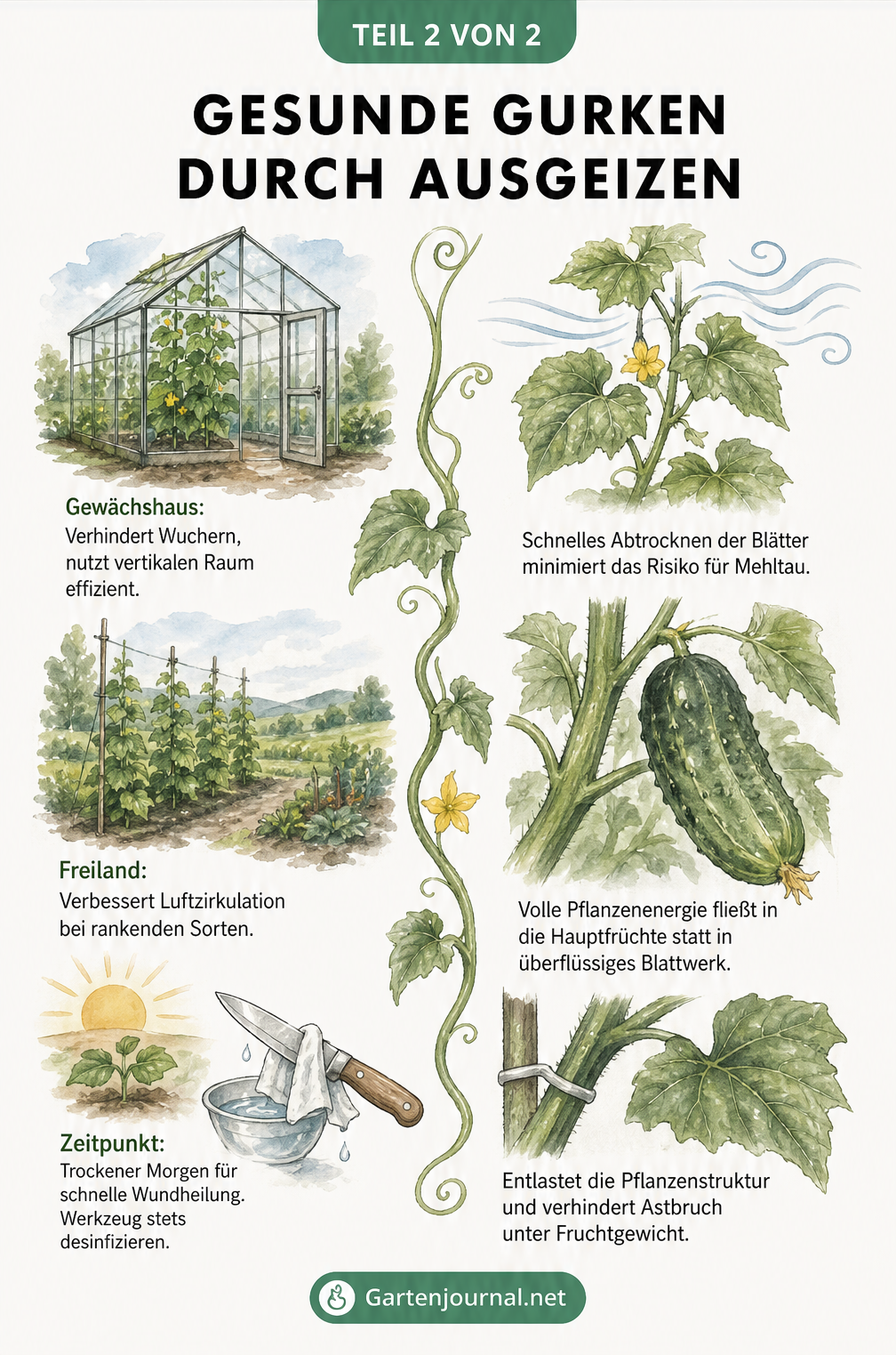 Illustration der Vorteile des Ausgeizens von Gurken im Gewächshaus und Freiland, inklusive Mehltau-Prävention und Fruchtbildung.