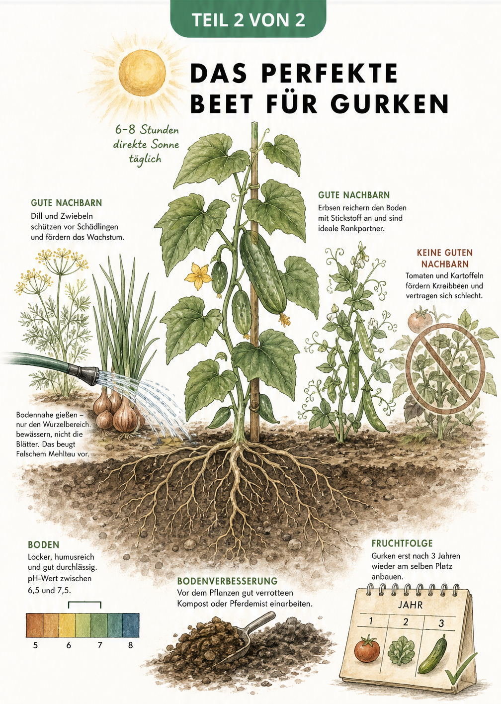 Querschnitt eines Gurkenbeets mit idealen Pflanzpartnern wie Dill und Erbsen sowie Bodenbedingungen und Wurzelwerk