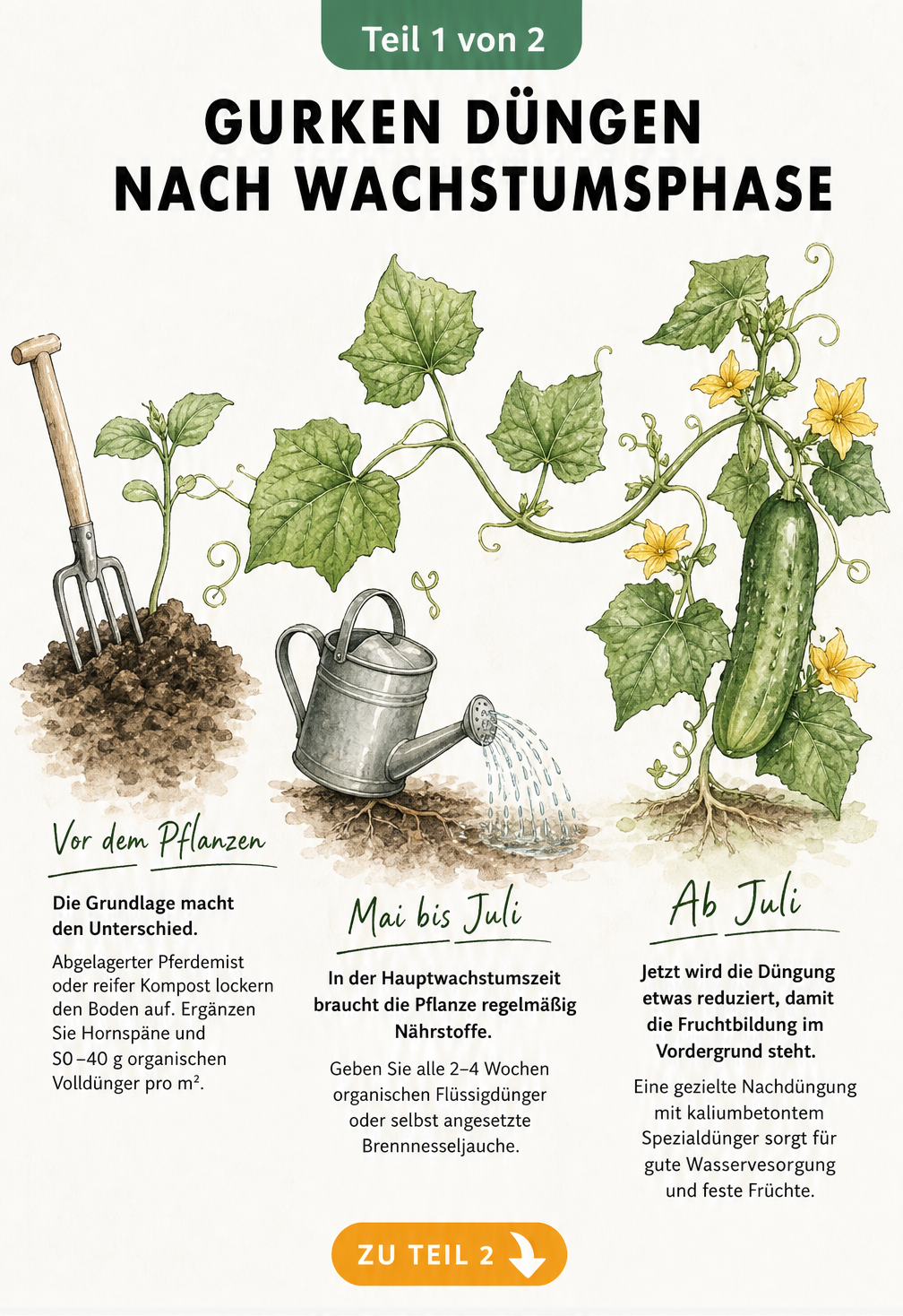 Botanische Illustration einer Gurkenranke, die die verschiedenen Wachstumsphasen und passenden Düngeempfehlungen zeigt