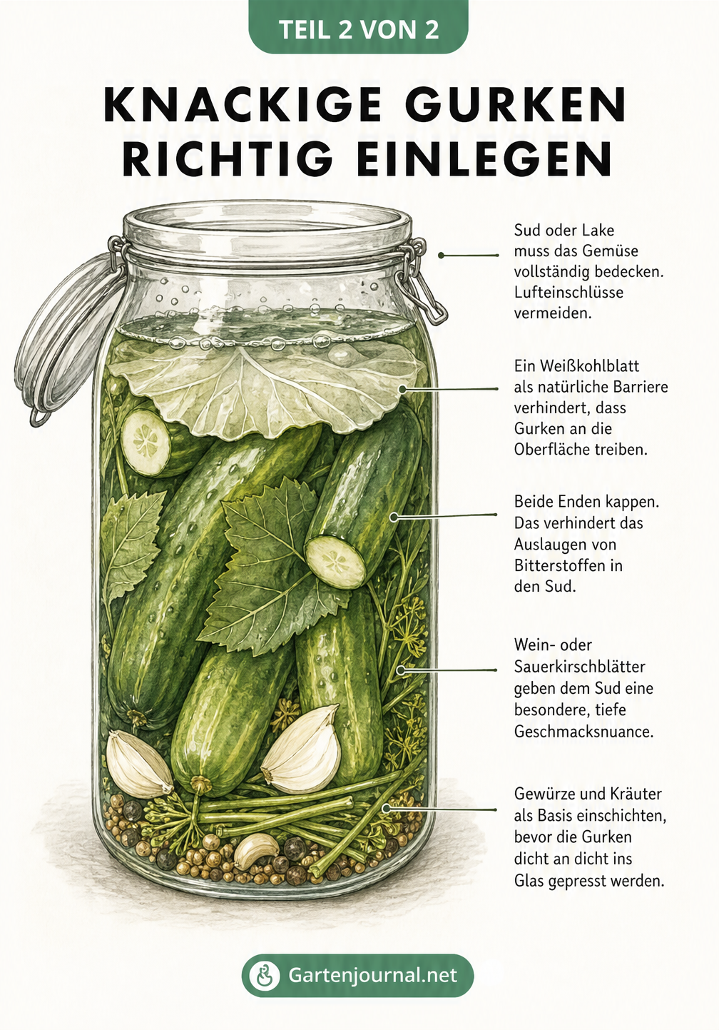 Querschnitt eines Einmachglases mit geschichteten Gurken, Gewürzen, Weinblättern und einem Weißkohlblatt unter der Flüssigkeitsoberfläche