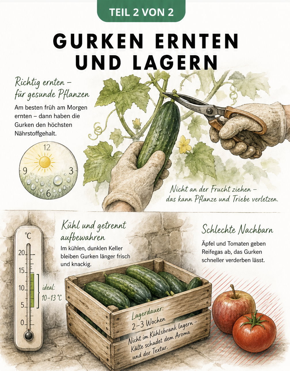 Illustration zur Gurkenernte am Morgen mit Gartenschere und Lagerung in Holzkiste bei 10 bis 13 Grad
