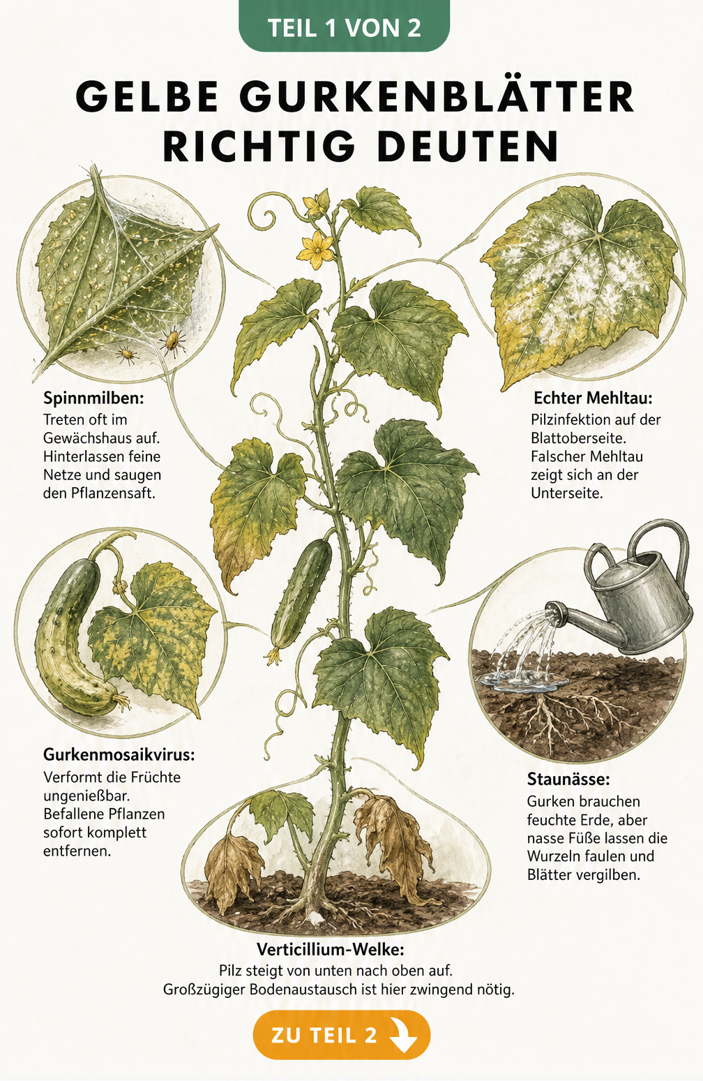 Botanische Illustration einer Gurkenpflanze mit verschiedenen Schadbildern wie Spinnmilben, Mehltau und Staunässe an den Blättern.