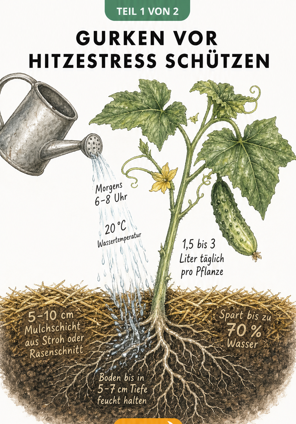 Illustration einer Gurkenpflanze mit Gießkanne, die den Wurzelbereich wässert, und einer Mulchschicht