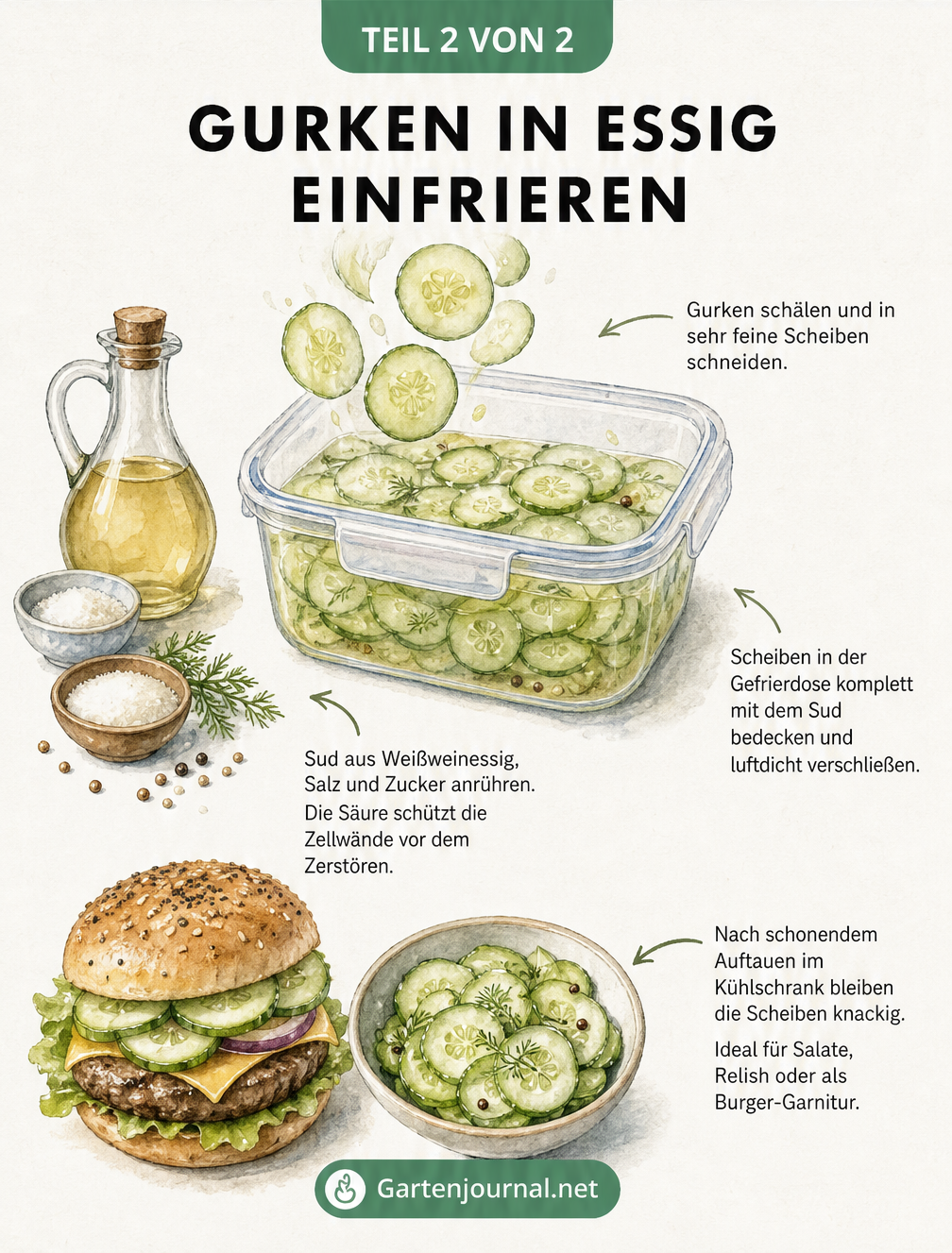 Aquarell-Illustration: Gurkenscheiben in Essigsud einfrieren, um sie knackig zu halten.