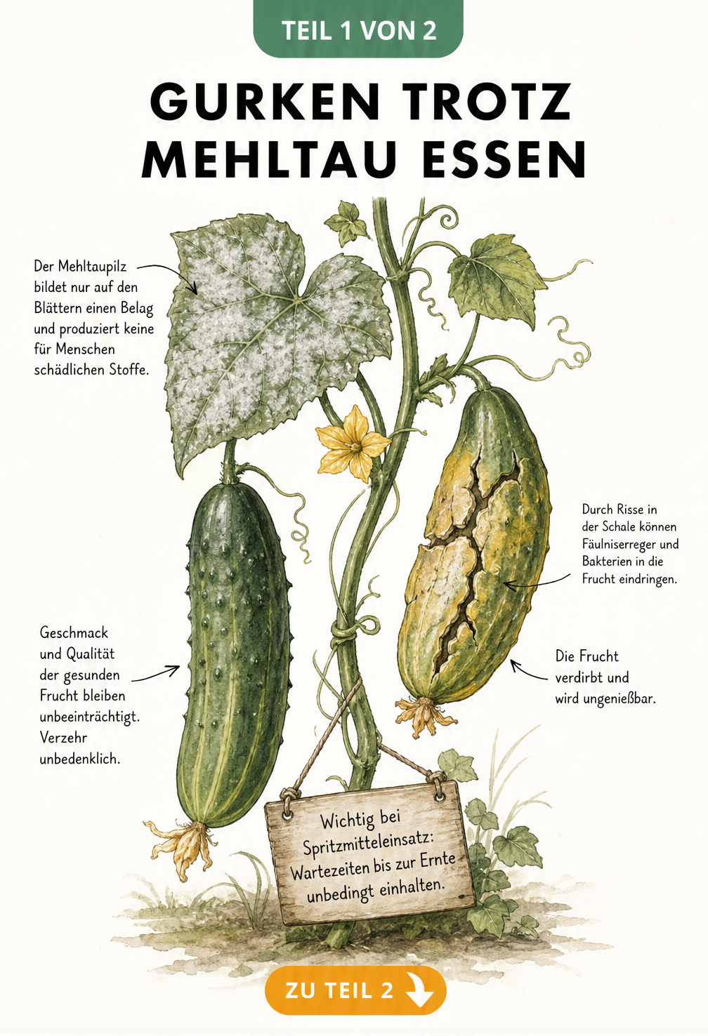 Illustration einer Gurkenranke mit einer gesunden Gurke an einem mehltaubefallenen Blatt und einer rissigen, ungenießbaren Gurke