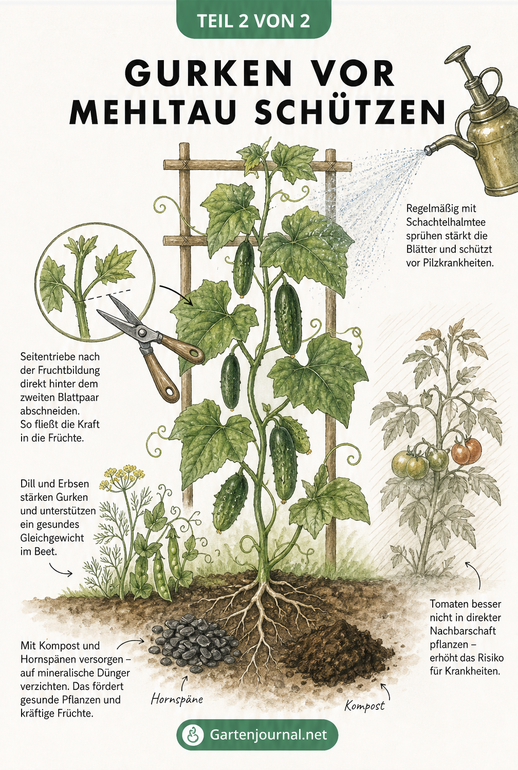 Querschnitt eines Gartenbeets mit einer Gurkenpflanze am Spalier, die mit Schachtelhalmtee besprüht wird, sowie Tipps zu Düngung, Schnitt und Pflanznachbarn.