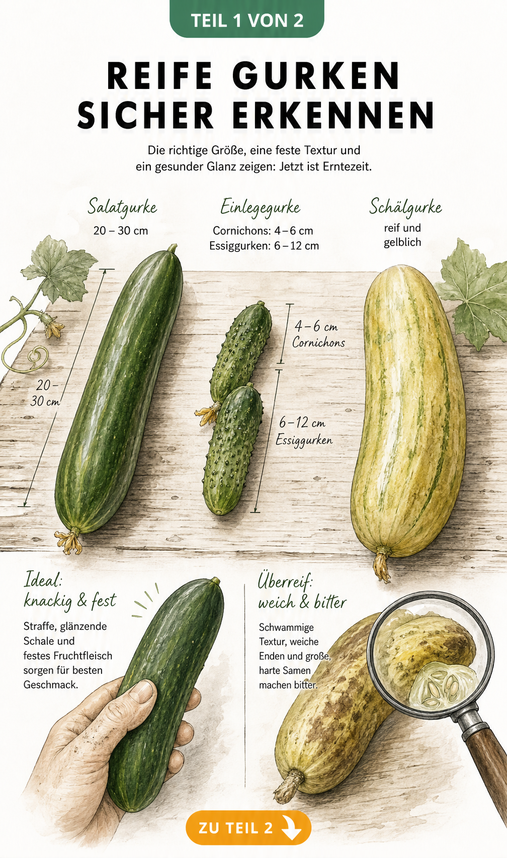 Illustration von drei Gurkensorten mit Maßangaben und Vergleich zwischen reifer und überreifer Gurke