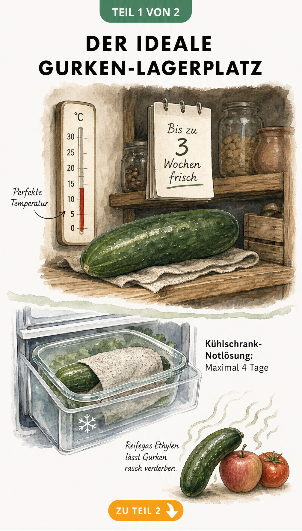 Illustration einer Gurke im Regal bei 10 bis 15 Grad und im Kühlschrank in einem feuchten Tuch