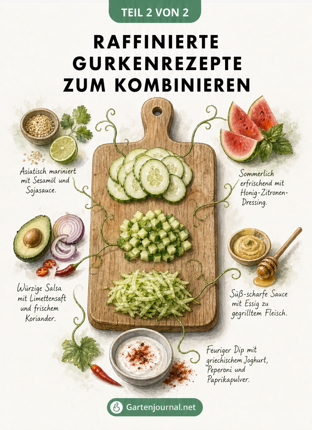 Illustration eines Holzschneidebretts mit Gurkenscheiben, Gurkenwürfeln und Gurkenraspeln sowie passenden Zutaten für Dips, Salsas und Marinaden