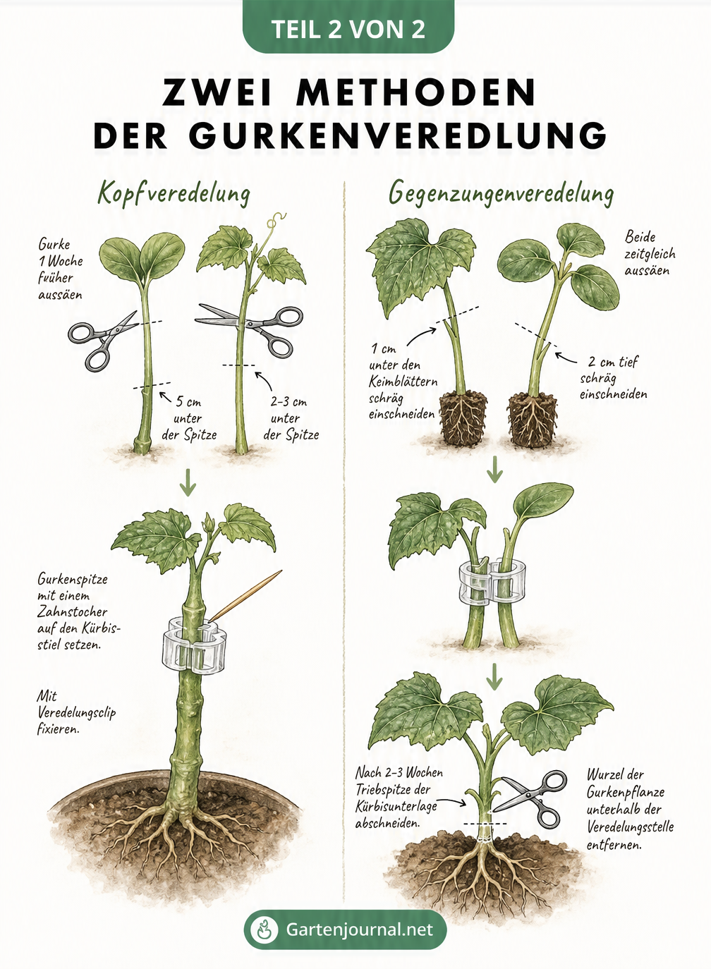 Skizzen der Kopfveredelung und Gegenzungenveredelung bei Gurken mit Schnittführung und Fixierung