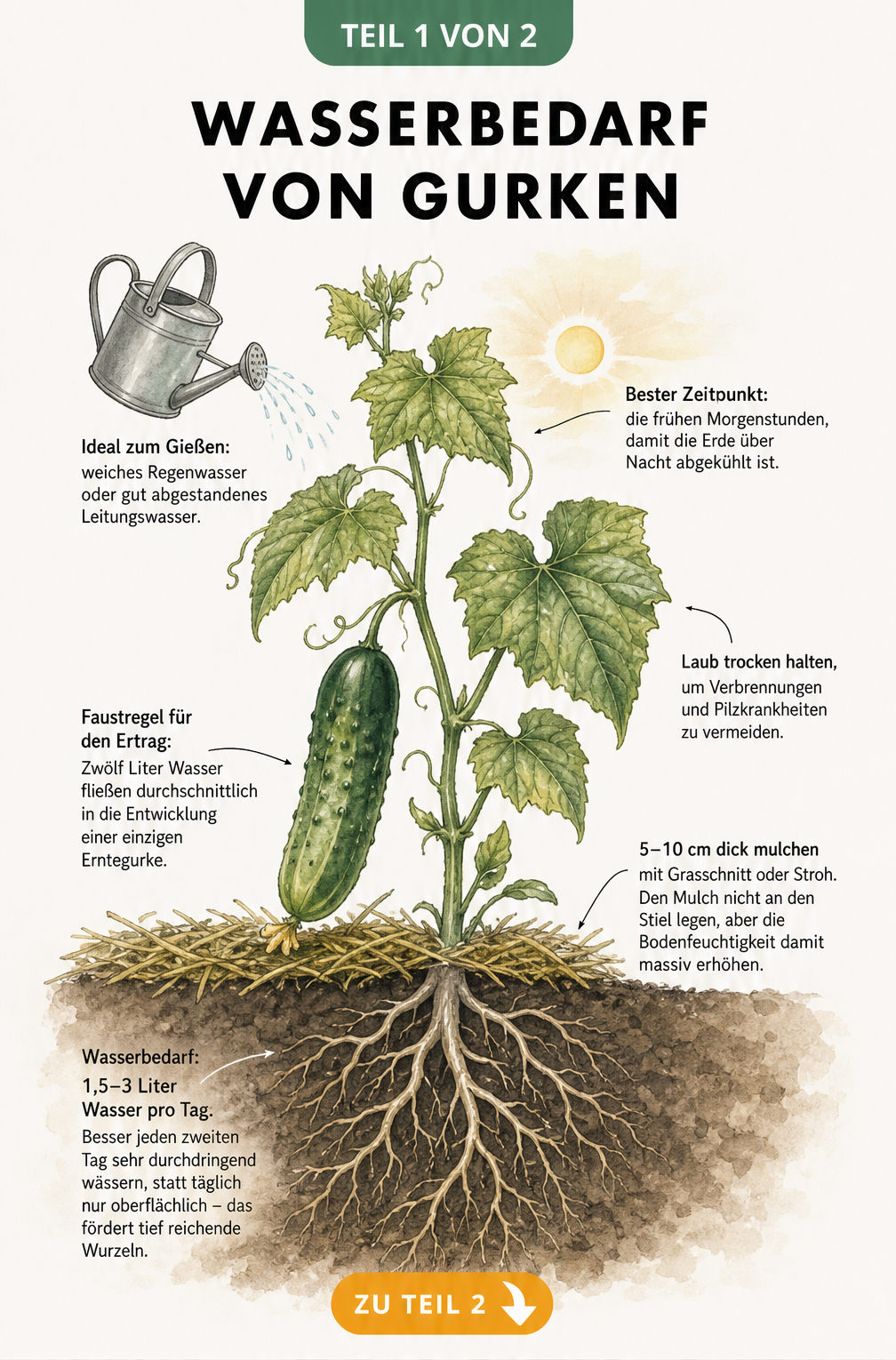 Illustration einer Gurkenpflanze im Beet mit Hinweisen zum Wasserbedarf, Gießzeitpunkt und Mulchen