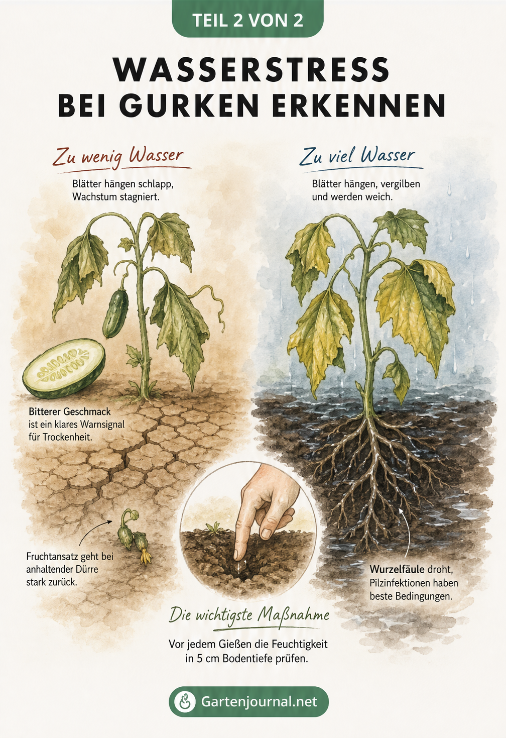 Illustration von zwei Gurkentrieben, die Wassermangel und Überwässerung zeigen