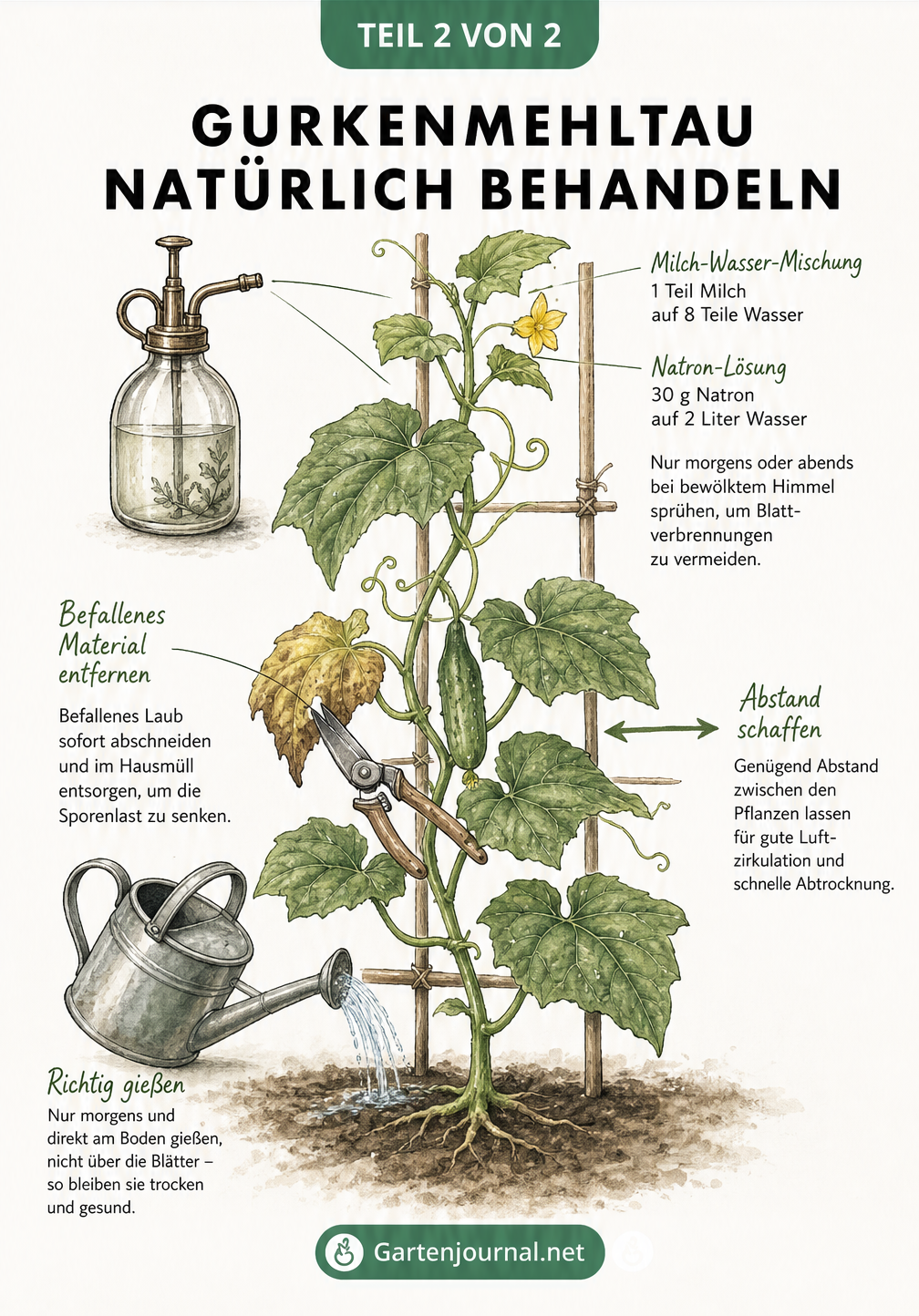 Illustration einer Gurkenpflanze mit Tipps zur natürlichen Bekämpfung von Mehltau