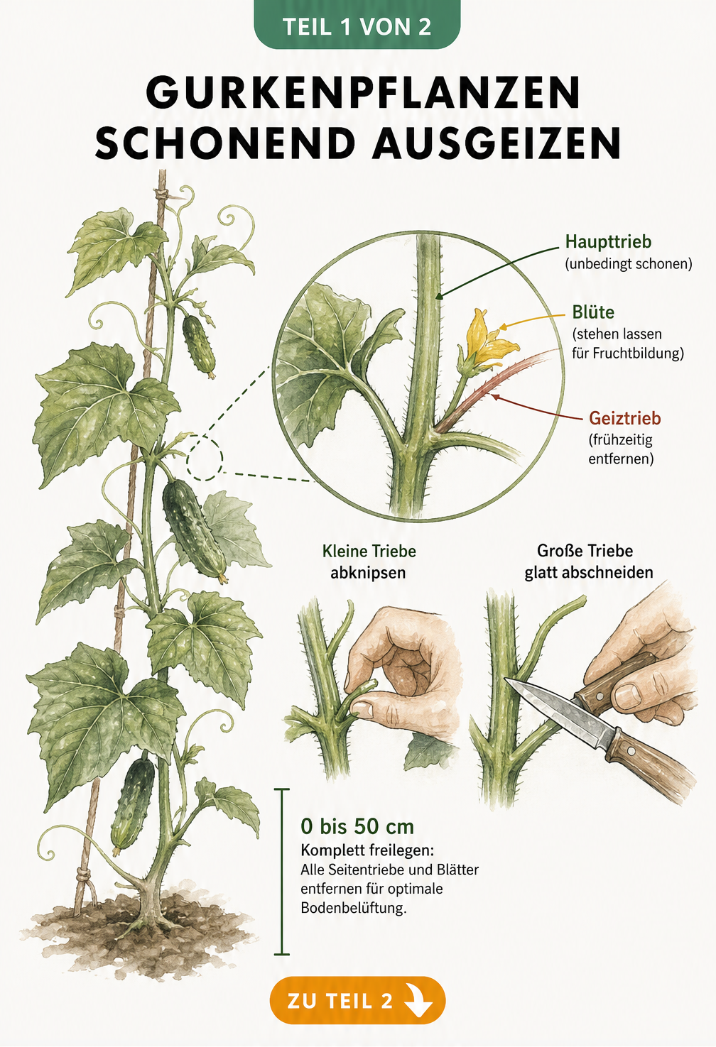 Botanische Illustration einer Gurkenpflanze im Querschnitt, die das Ausgeizen von Geiztrieben und das Schonen des Haupttriebs zeigt.