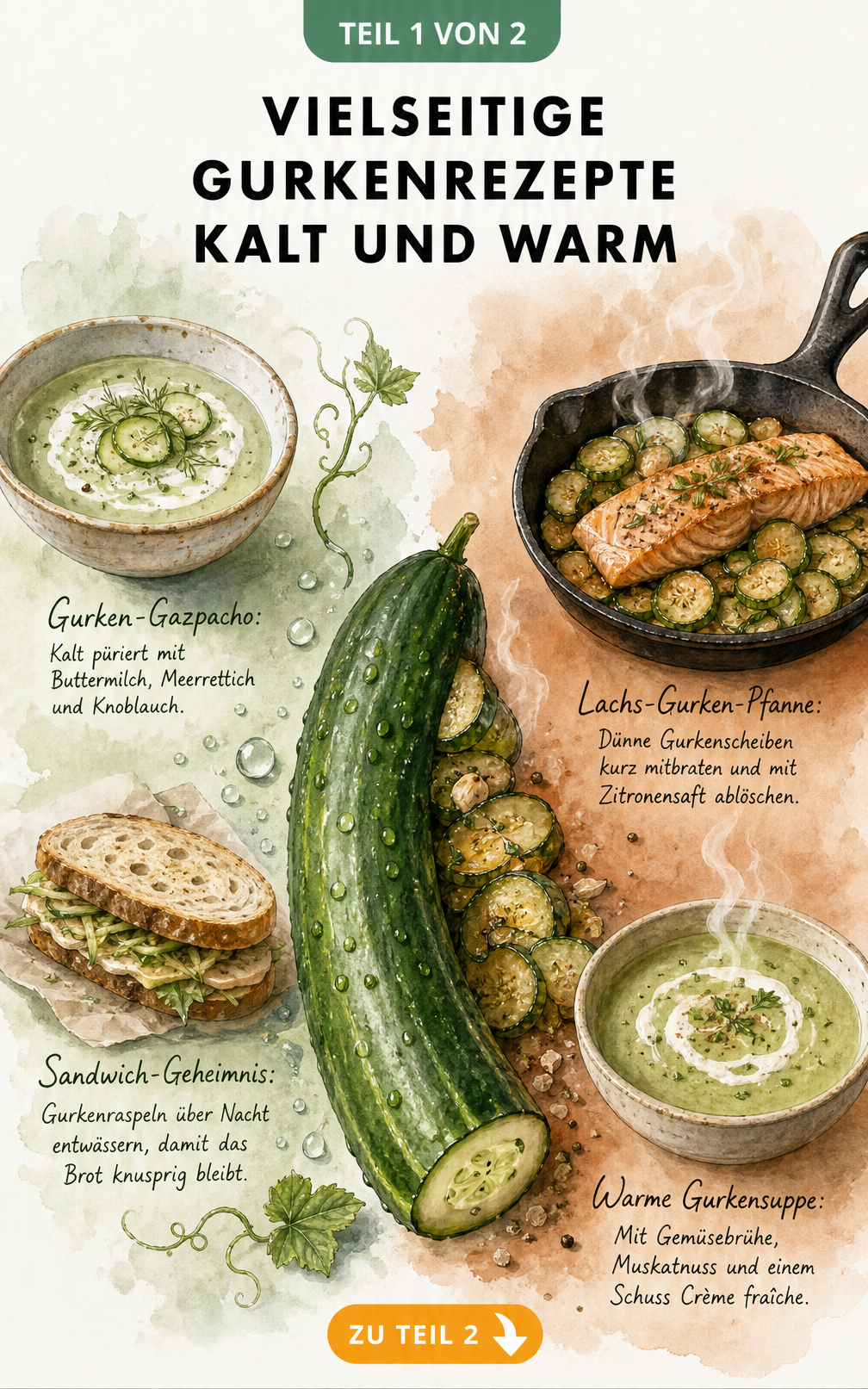Aquarell-Illustration einer Gurke, die links frisch und rechts gedünstet ist, mit Rezepten für Gurken-Gazpacho, Lachs-Gurken-Pfanne und warme Gurkensuppe