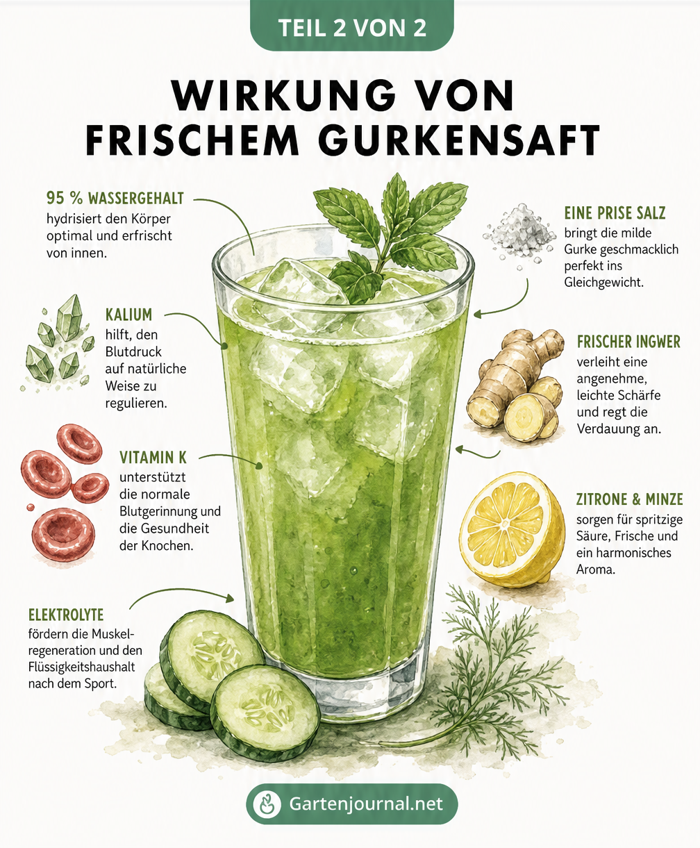 Illustration eines Glases mit frischem Gurkensaft, umgeben von Zutaten wie Zitrone, Ingwer und Minze sowie Erklärungen zur gesundheitlichen Wirkung.