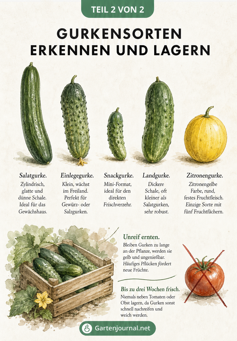Aquarell-Illustration verschiedener Gurkensorten wie Salatgurke, Einlegegurke und Zitronengurke mit Tipps zur Ernte und Lagerung