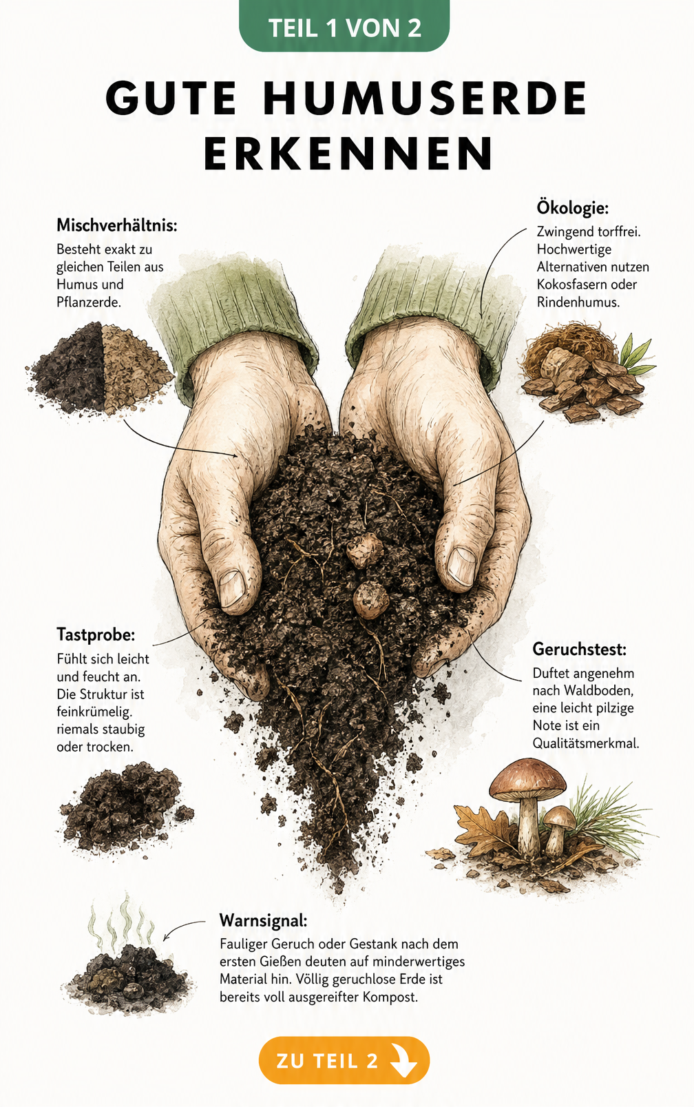 Illustration zweier Hände, die dunkle, feinkrümelige Humuserde zerbröseln, mit Hinweisen zu Mischverhältnis, Geruch und Tastprobe.
