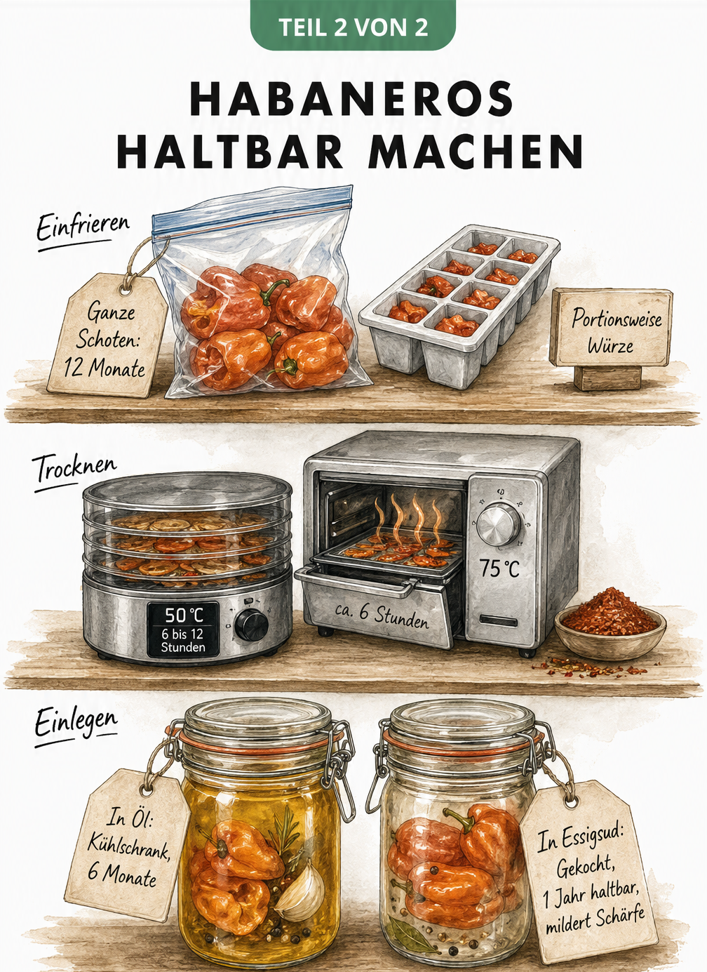 Illustration von Methoden zum Haltbarmachen von Habaneros: Einfrieren, Trocknen und Einlegen