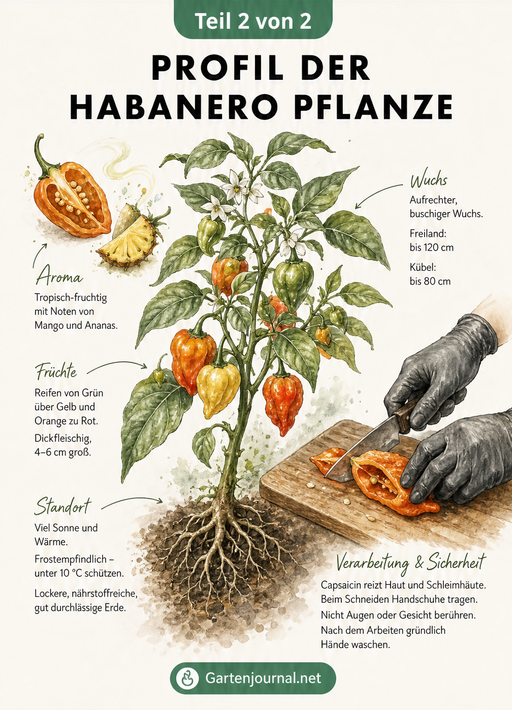 Illustration einer Habanero-Pflanze mit Früchten in verschiedenen Reifestadien und Tipps zur Verarbeitung
